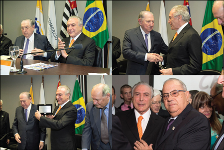 Acima: presidente da FecomercioSP, Abram Szajman, e o vice-presidente da República, Michel Temer. Abaixo, à esquerda: Abram Szajman, Michel Temer e o jurista Ives Gandra Martins. Abaixo, à direita: Michel Temer e José Carlos Larocca, presidente do Sindilav